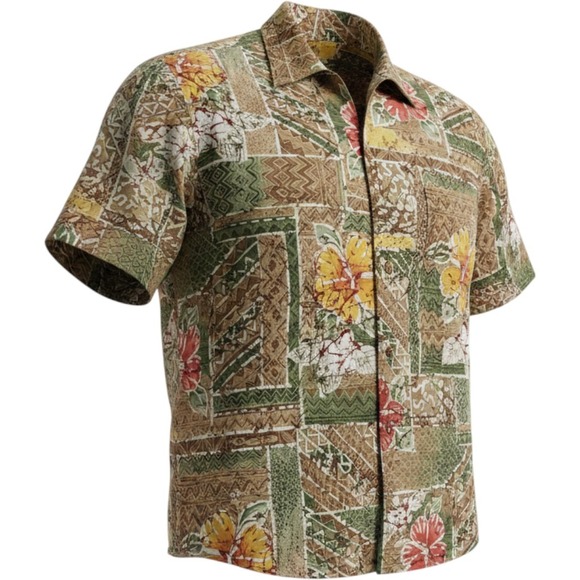Other - Mens Tropical Hibiscus Tribal Patchwork Short Sleeve Button Down Shirt Earth
